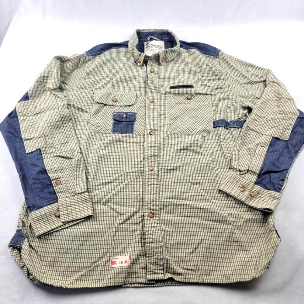 Vintage Marshall Artist Modern tailoring 2001 plaid denim and leather button dow